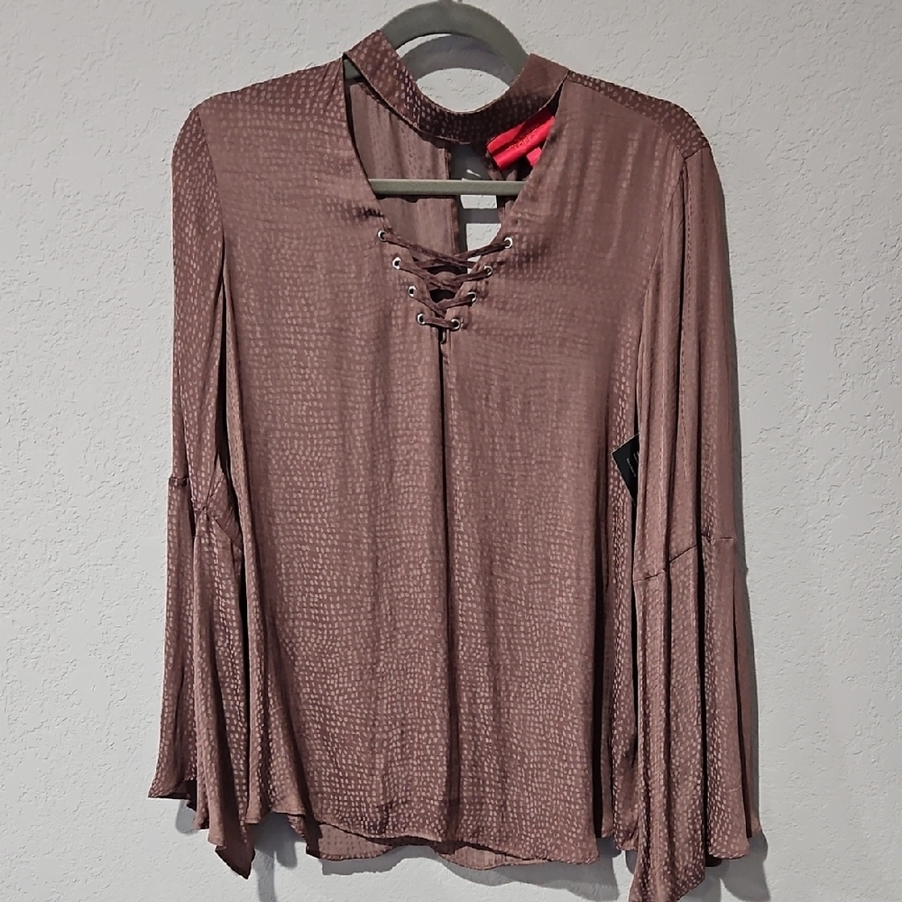 EUC Jennifer Lopez Lace-Up Blouse - Taupe